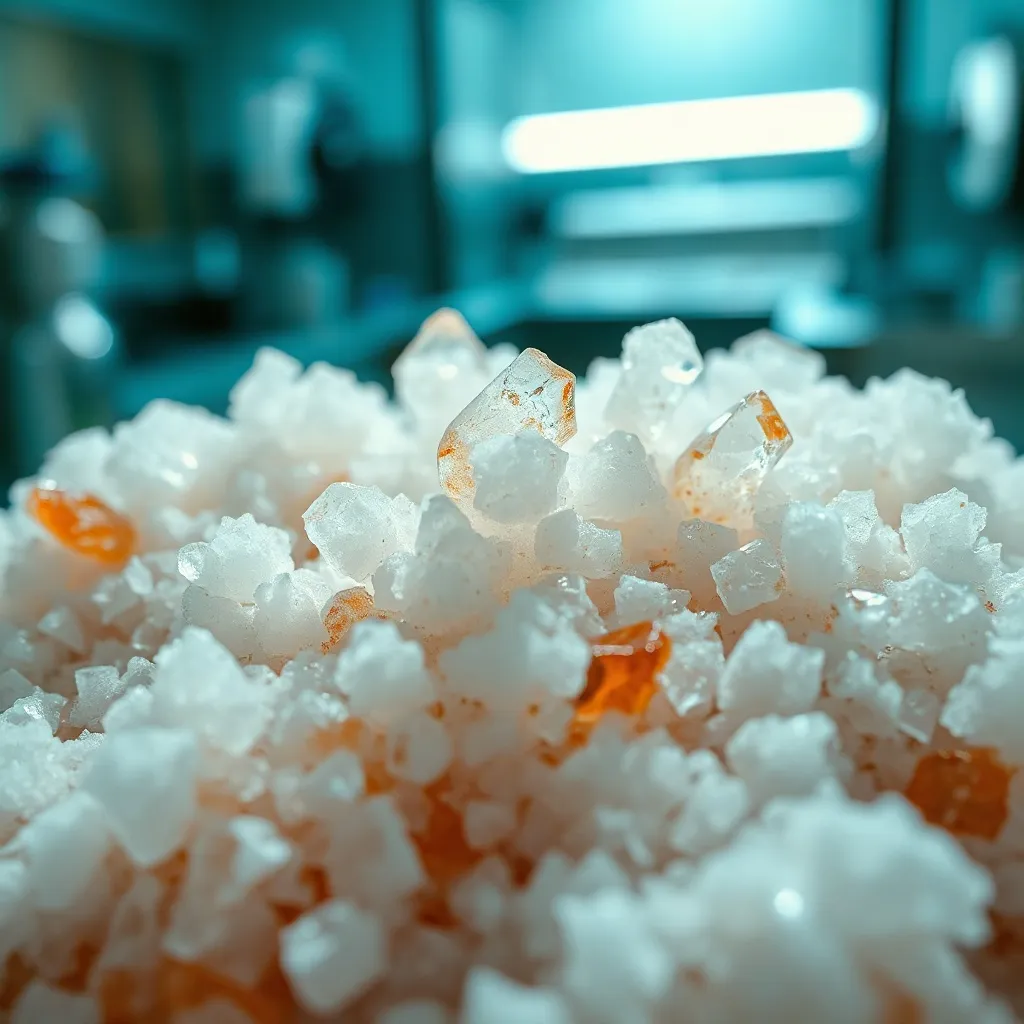Macro shot of mineral salts crystals, laboratory environment