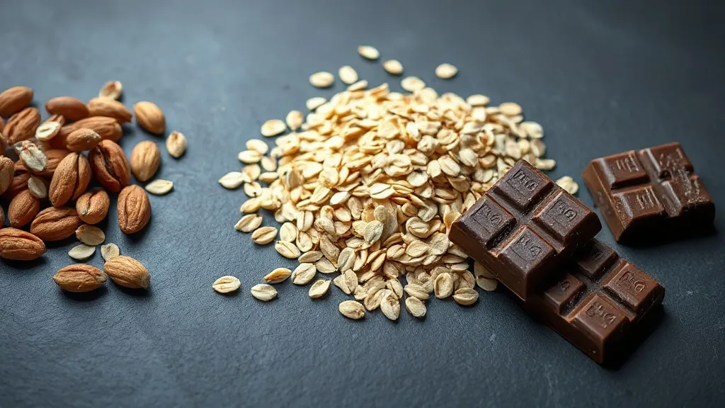 Macro photography of raw organic oats, nuts, and dark chocol